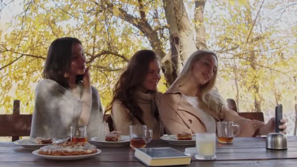 Tres mujeres jóvenes felices se toman un selfie en el teléfono en la terraza juntos — Vídeo de stock