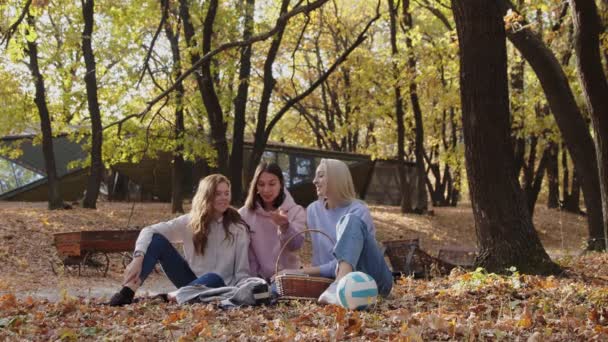 Grupo de turistas mujeres ehjoying un picnic en el bosque de otoño en el soleado día de octubre — Vídeo de stock