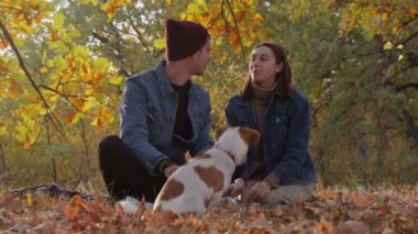 Jack Russell 'a aşık romantik bir çift. Terrier köpeği doğada, öpüşüyor ve gülümsüyor.