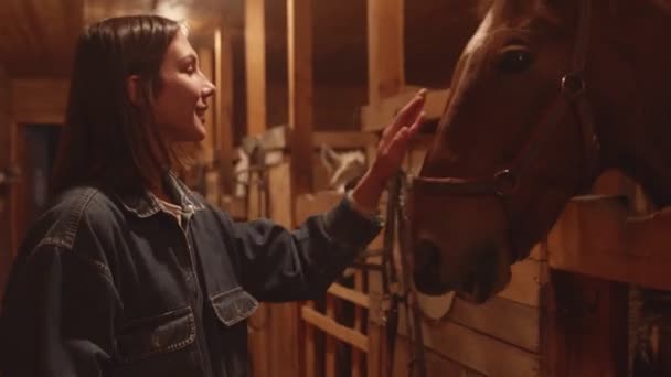 Młoda kobieta karmi ciemnego konia w stajni wieczorem — Wideo stockowe