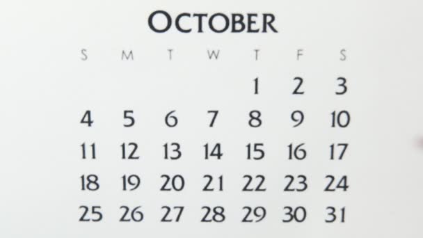 Vrouwelijke handcirkeldag in kalenderdatum met een rode stift. Business Basics Wall Calendar Planner en Organisator. 1 oktober — Stockvideo