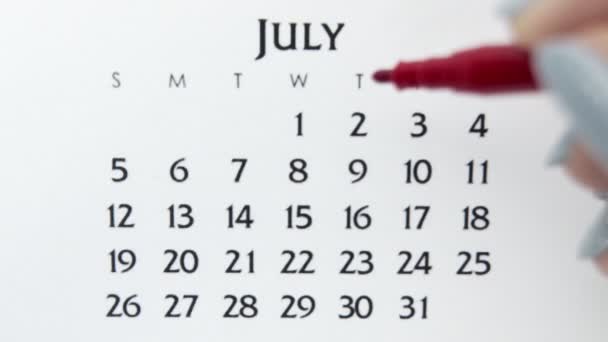 Vrouwelijke handcirkeldag in kalenderdatum met een rode stift. Business Basics Wall Calendar Planner en Organisator. 2 juli — Stockvideo