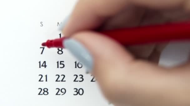 Día de círculo de la mano femenina en la fecha del calendario con un marcador rojo. Conceptos básicos de negocio Wall Calendar Planner and Organizer. 7 de junio — Vídeos de Stock