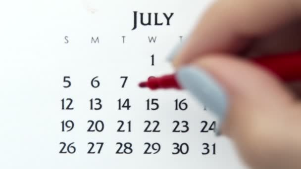 Giorno di cerchio di mano femminile in data di calendario con un marcatore rosso. Business Nozioni di base Wall Calendar Planner e organizzatore. 7 luglio — Video Stock