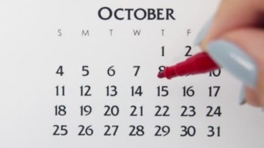 Takvimde kırmızı kalemli bir kadın el çemberi günü. İş Temel Duvar Takvimi Planlayıcı ve Düzenleyici. 15 Ekim