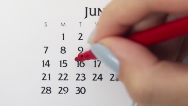 Kobiecy dzień kółka w dniu kalendarzowym z czerwonym markerem. Podstawy biznesu Kalendarz ścienny Planer i Organizator. 16 czerwca. — Wideo stockowe