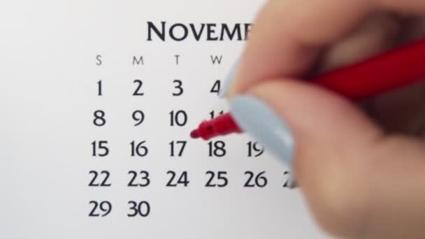Giorno di cerchio di mano femminile in data di calendario con un marcatore rosso. Business Nozioni di base Wall Calendar Planner e organizzatore. 17 novembre — Video Stock