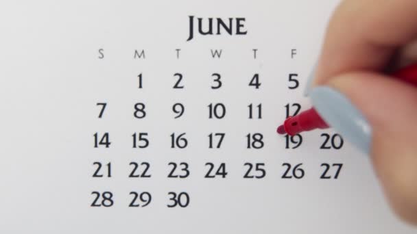 Giorno di cerchio di mano femminile in data di calendario con un marcatore rosso. Business Nozioni di base Wall Calendar Planner e organizzatore. 19 giugno — Video Stock