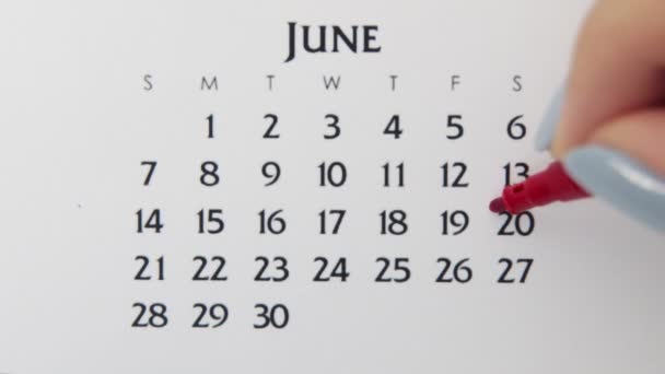 Vrouwelijke handcirkeldag in kalenderdatum met een rode stift. Business Basics Wall Calendar Planner en Organisator. 20 juni — Stockvideo