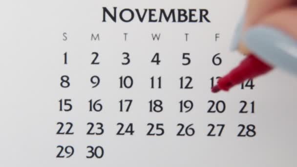 Kobiecy dzień kółka w dniu kalendarzowym z czerwonym markerem. Podstawy biznesu Kalendarz ścienny Planer i Organizator. 20 listopada — Wideo stockowe