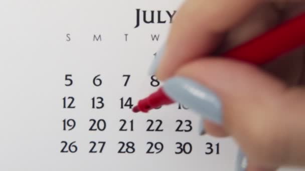 Dia círculo mão feminino em data de calendário com um marcador vermelho. Noções básicas de negócios Wall Calendar Planner and Organizer. 21 de Julho — Vídeo de Stock