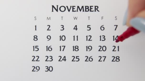 Dia círculo mão feminino em data de calendário com um marcador vermelho. Noções básicas de negócios Wall Calendar Planner and Organizer. 21 de Novembro — Vídeo de Stock