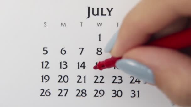 Kvinnlig hand cirkel dag i kalenderdatum med en röd markör. Business Basics Wall Calendar Planerare och arrangör. 22 juli. — Stockvideo