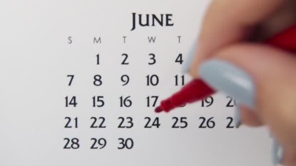 Kvindelig hånd cirkel dag i kalender dato med en rød markør. Business Basics Wall Calendar Planlægger og arrangør. 24. juni – Stock-video