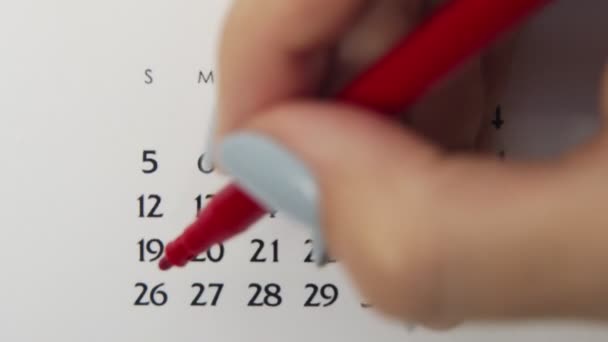 Femme cercle de main jour dans la date du calendrier avec un marqueur rouge. Business Basics Planificateur et organisateur de calendrier mural. 26 juillet — Video