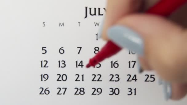 Kobiecy dzień kółka w dniu kalendarzowym z czerwonym markerem. Podstawy biznesu Kalendarz ścienny Planer i Organizator. 28 lipca. — Wideo stockowe