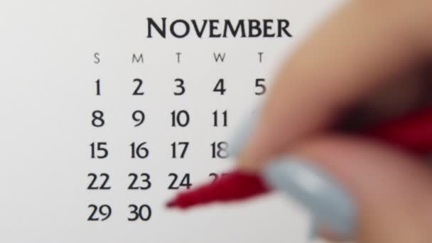 Kobiecy dzień kółka w dniu kalendarzowym z czerwonym markerem. Podstawy biznesu Kalendarz ścienny Planer i Organizator. 29 listopada. — Wideo stockowe