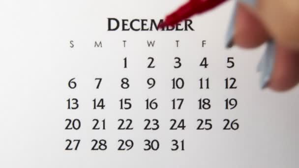 Giorno di cerchio di mano femminile in data di calendario con un marcatore rosso. Business Nozioni di base Wall Calendar Planner e organizzatore. 1 dicembre — Video Stock