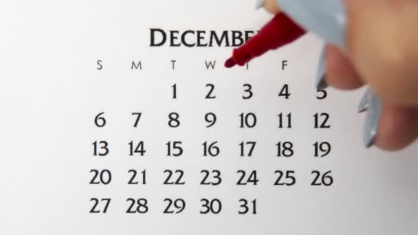 Kobiecy dzień kółka w dniu kalendarzowym z czerwonym markerem. Podstawy biznesu Kalendarz ścienny Planer i Organizator. 2 grudnia. — Wideo stockowe