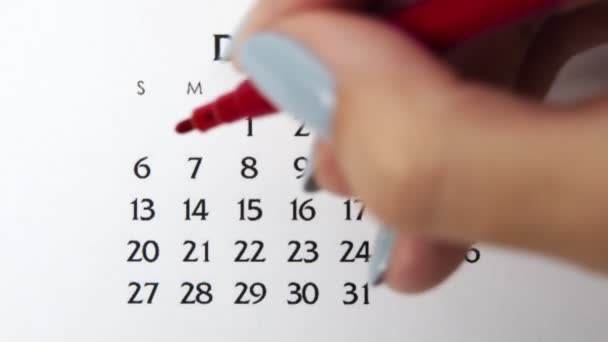 Giorno di cerchio di mano femminile in data di calendario con un marcatore rosso. Business Nozioni di base Wall Calendar Planner e organizzatore. 6 dicembre — Video Stock