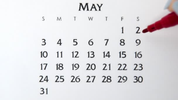 Жіночий день кола в календарі з червоним маркером. Основи бізнесу Настінний календар Планувальник і Організатор. 9 травня — стокове відео