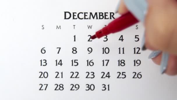 Día de círculo de la mano femenina en la fecha del calendario con un marcador rojo. Conceptos básicos de negocio Wall Calendar Planner and Organizer. 9 de diciembre — Vídeo de stock