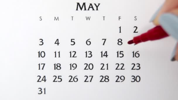 Kvinnlig hand cirkel dag i kalenderdatum med en röd markör. Business Basics Wall Calendar Planerare och arrangör. 15 maj. — Stockvideo