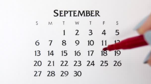Giorno di cerchio di mano femminile in data di calendario con un marcatore rosso. Business Nozioni di base Wall Calendar Planner e organizzatore. 17 settembre — Video Stock
