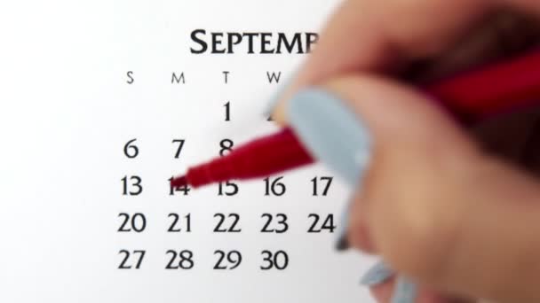 Día de círculo de la mano femenina en la fecha del calendario con un marcador rojo. Conceptos básicos de negocio Wall Calendar Planner and Organizer. 20 de septiembre — Vídeo de stock