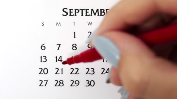 Día de círculo de la mano femenina en la fecha del calendario con un marcador rojo. Conceptos básicos de negocio Wall Calendar Planner and Organizer. 21 de septiembre — Vídeos de Stock