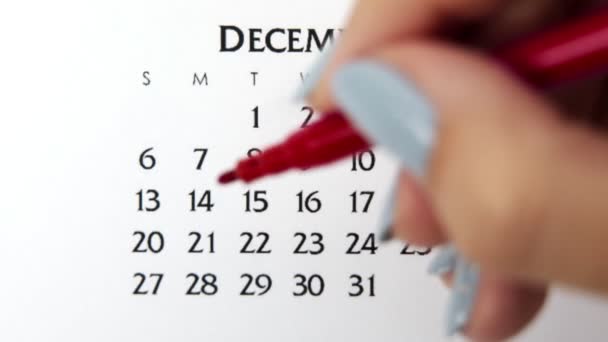Femme cercle de main jour dans la date du calendrier avec un marqueur rouge. Business Basics Planificateur et organisateur de calendrier mural. 21 décembre — Video