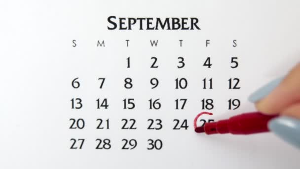 Ημέρα θηλυκού κύκλου στο ημερολόγιο με κόκκινο μαρκαδόρο. Business Basics Wall Ημερολόγιο και Organizer. 25 Σεπτεμβρίου — Αρχείο Βίντεο