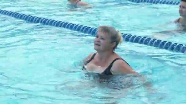 Donne anziane di formazione acquagym in piscina. — Video Stock