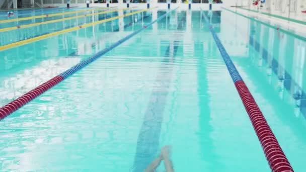Nadador profesional que apenas hace ejercicio en la piscina cubierta nadando al otro lado de la pista. — Vídeos de Stock