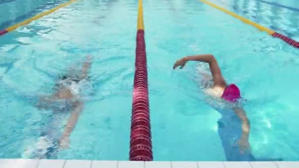 Profesional nadadores mujer y hombre terminado nada y empezar conversaciones — Vídeo de stock