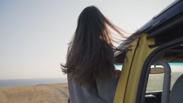 Widok z tyłu młoda piękna kobieta z długim słuchu pochylił się przez okno samochodu — Wideo stockowe