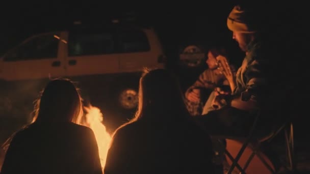 Goup d'amis campeurs assis près du feu de joie la nuit — Video