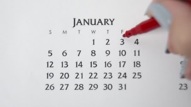 Weiblicher Handkreistag im Kalenderdatum mit roter Markierung. Business Basics Wall Calendar Planer und Organisator. 3. JANUAR — Stockvideo