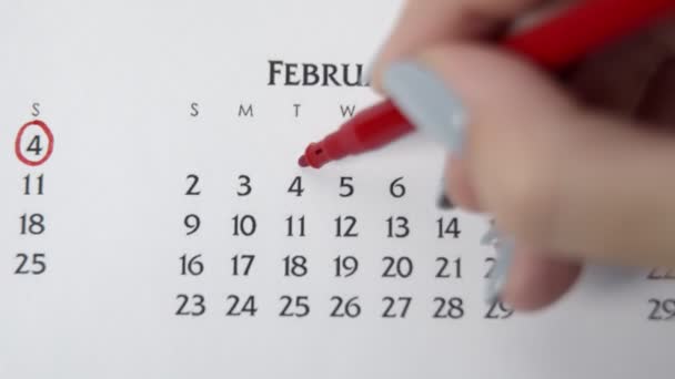 赤いマーカーでカレンダー日付の女性の手の円の日。ビジネスの基本壁カレンダープランナーと主催者。2月4日 — ストック動画