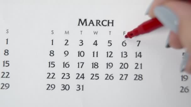 Día de círculo de la mano femenina en la fecha del calendario con un marcador rojo. Conceptos básicos de negocio Wall Calendar Planner and Organizer. 6 de marzo — Vídeos de Stock