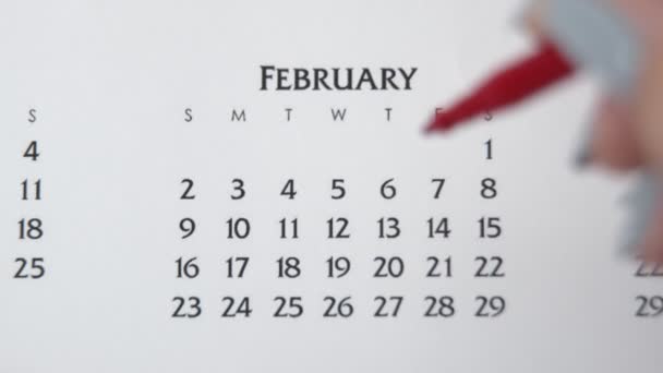 赤いマーカーでカレンダー日付の女性の手の円の日。ビジネスの基本壁カレンダープランナーと主催者。2月13日 — ストック動画