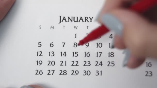 Kvinnlig hand cirkel dag i kalenderdatum med en röd markör. Business Basics Wall Calendar Planerare och arrangör. JANUARI 15:e — Stockvideo