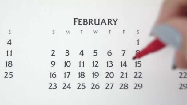 Giorno di cerchio di mano femminile in data di calendario con un marcatore rosso. Business Nozioni di base Wall Calendar Planner e organizzatore. 21 FEBBRAIO — Video Stock