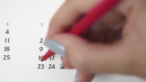 Día de círculo de la mano femenina en la fecha del calendario con un marcador rojo. Conceptos básicos de negocio Wall Calendar Planner and Organizer. 23 DE FEBRERO — Vídeos de Stock