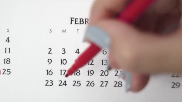 Femme cercle de main jour dans la date du calendrier avec un marqueur rouge. Business Basics Planificateur et organisateur de calendrier mural. 24 FÉVRIER — Video