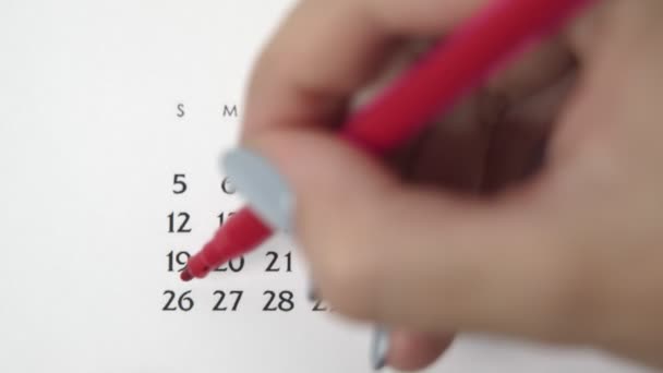 Día de círculo de la mano femenina en la fecha del calendario con un marcador rojo. Conceptos básicos de negocio Wall Calendar Planner and Organizer. 26 DE ENERO — Vídeos de Stock