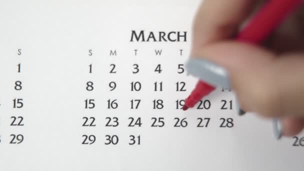 Vrouwelijke handcirkeldag in kalenderdatum met een rode stift. Business Basics Wall Calendar Planner en Organisator. 26 maart — Stockvideo
