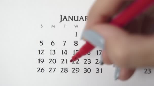 Giorno di cerchio di mano femminile in data di calendario con un marcatore rosso. Business Nozioni di base Wall Calendar Planner e organizzatore. 28 GENNAIO — Video Stock