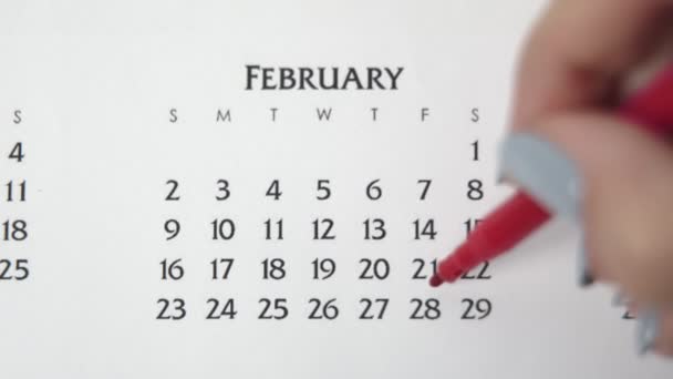 Ημέρα θηλυκού κύκλου στο ημερολόγιο με κόκκινο μαρκαδόρο. Business Basics Wall Ημερολόγιο και Organizer. 28η Φεβρουαρίου — Αρχείο Βίντεο