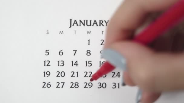 Femme cercle de main jour dans la date du calendrier avec un marqueur rouge. Business Basics Planificateur et organisateur de calendrier mural. 29 JANVIER — Video